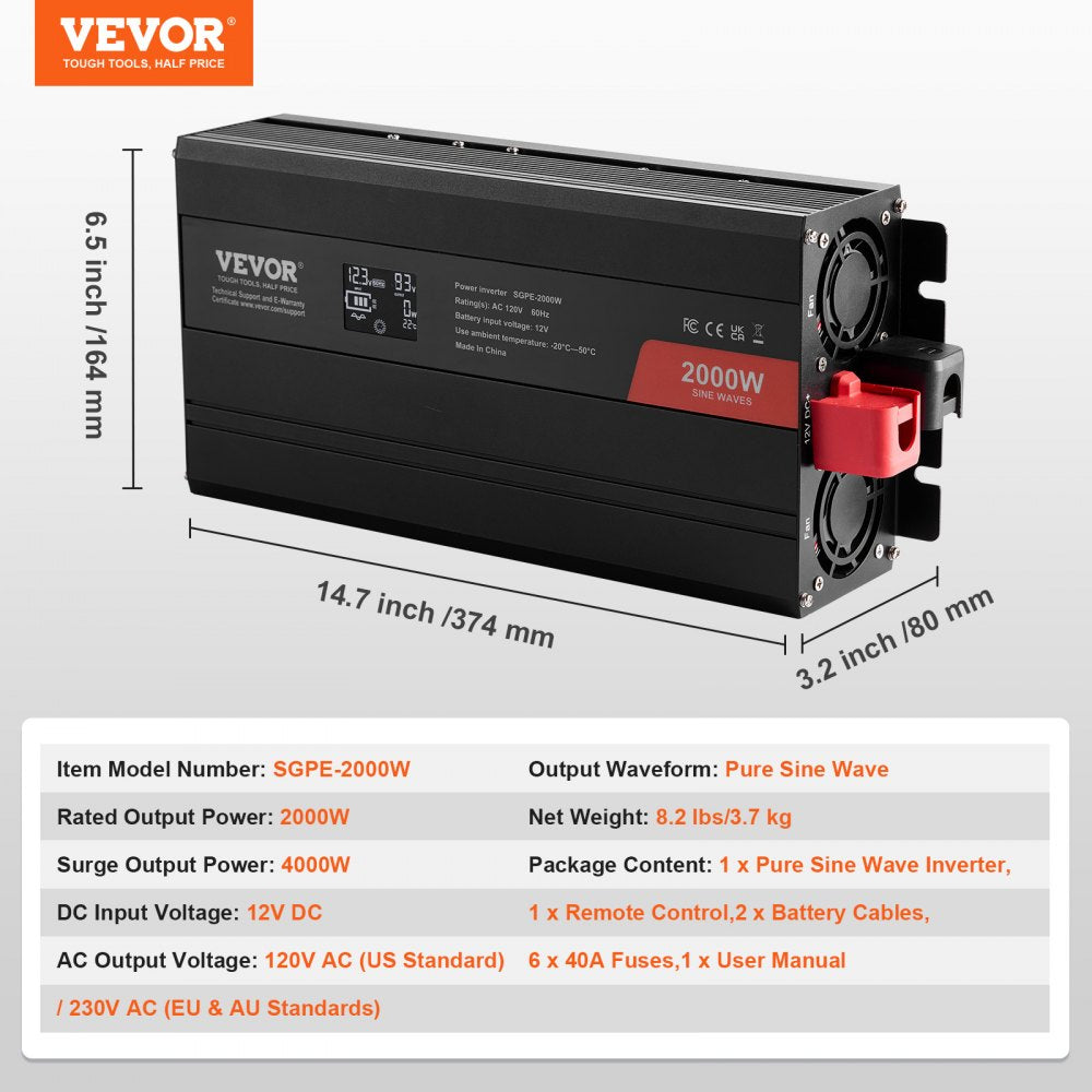 SGPE-2000W - 2000W VEVOR Pure Sine Wave Inverter with 2 AC & USB Ports