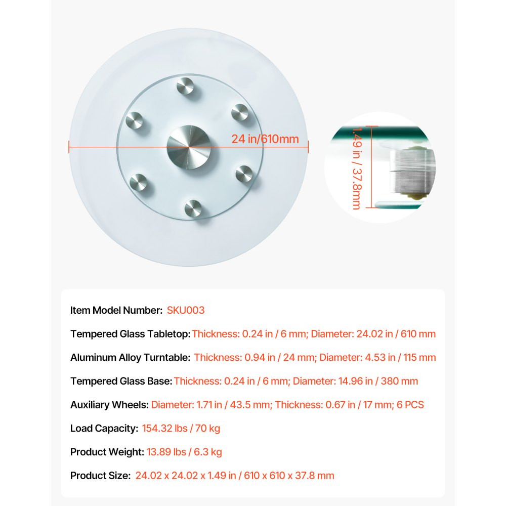 SKU003 - 24" Tempered Glass Turntable with 6 Wheels for Smooth Rotation
