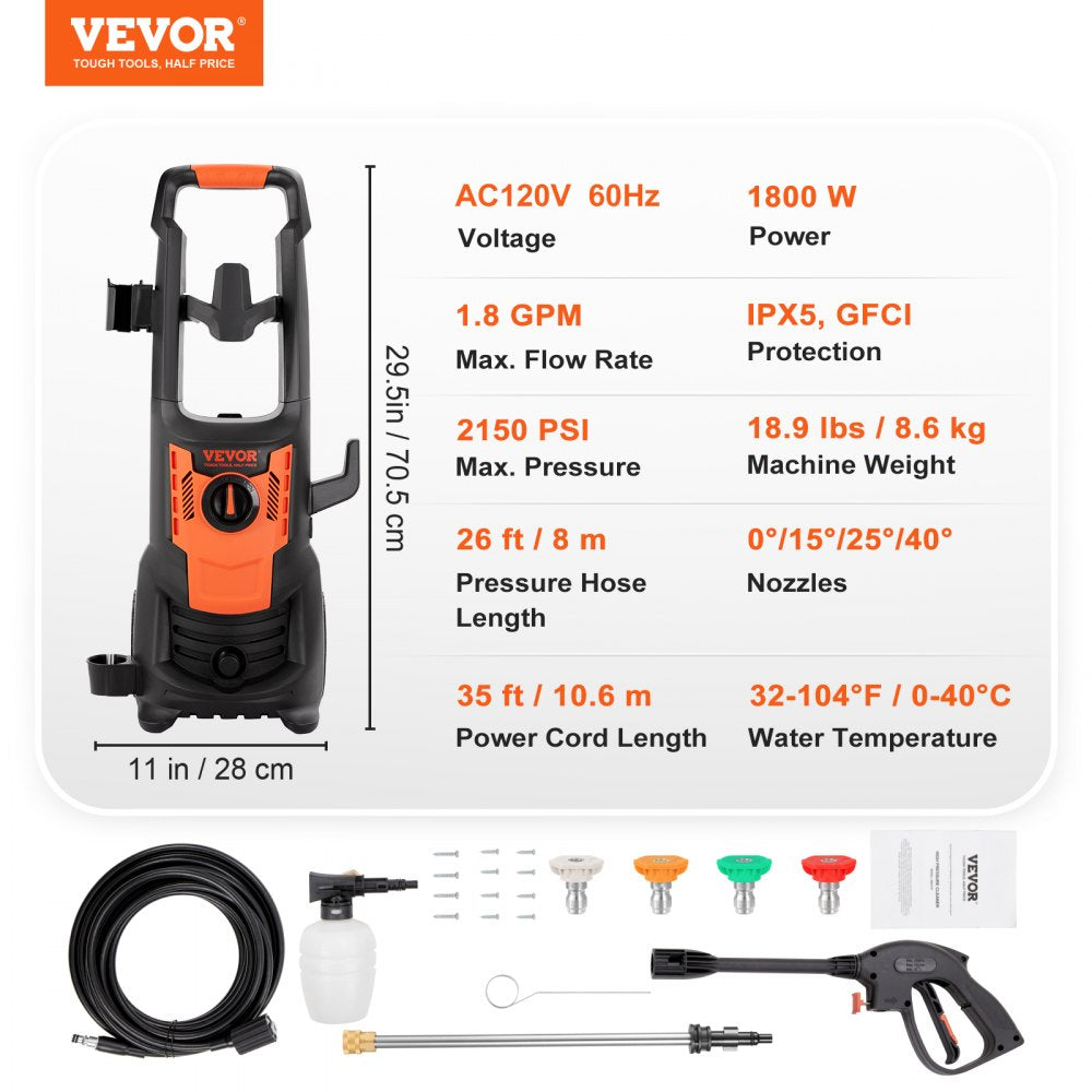 HRH13P - 2150 PSI VEVOR Electric Pressure Washer with 26ft Hose
