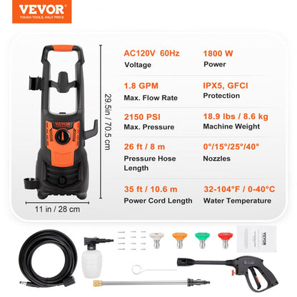 HRH13P - 2150 PSI VEVOR Electric Pressure Washer with 26ft Hose