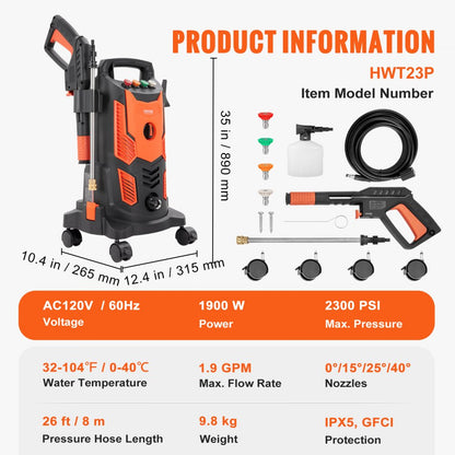 HWT23P - 2300 PSI Electric Pressure Washer for Home & Patio Cleaning