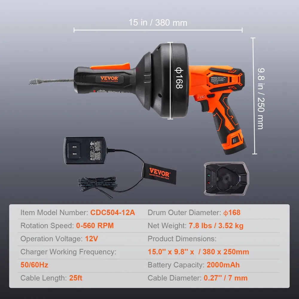 CDC504-12A - 12V Electric Drain Auger for Pipe Clearing, 25ft Length