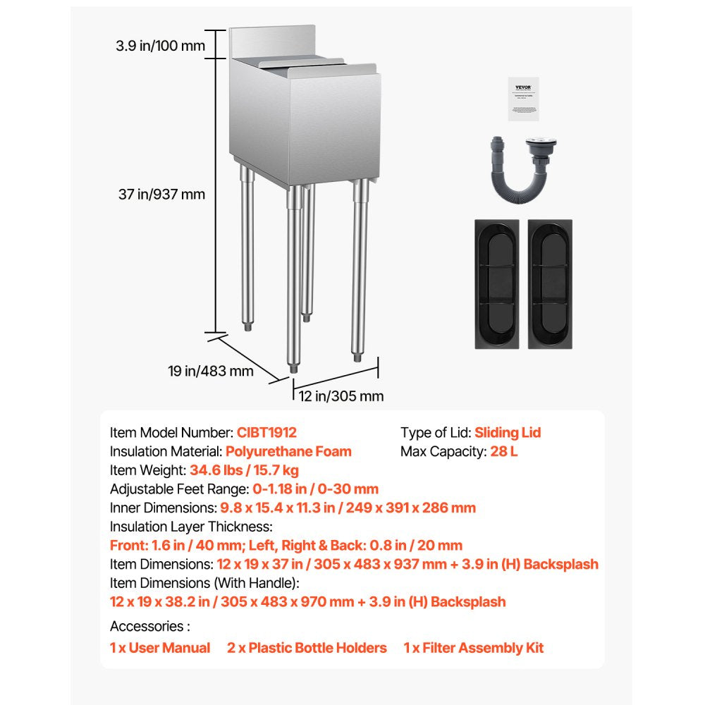 CIBT1912 - 28L Stainless Steel Ice Bin with Sliding Lid & Bottle Holders