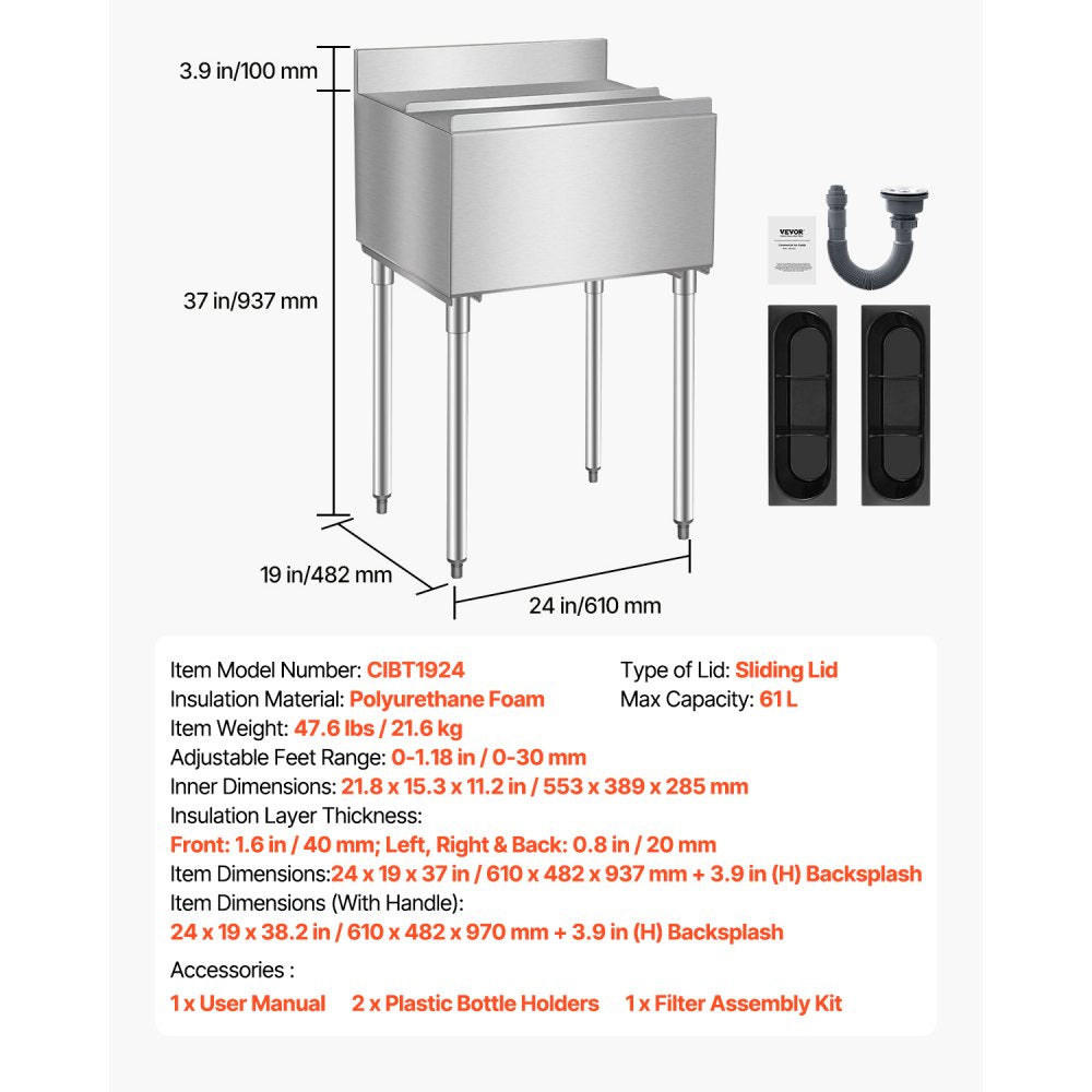CIBT1924 - 61L Stainless Steel Underbar Ice Bin with Bottle Holders