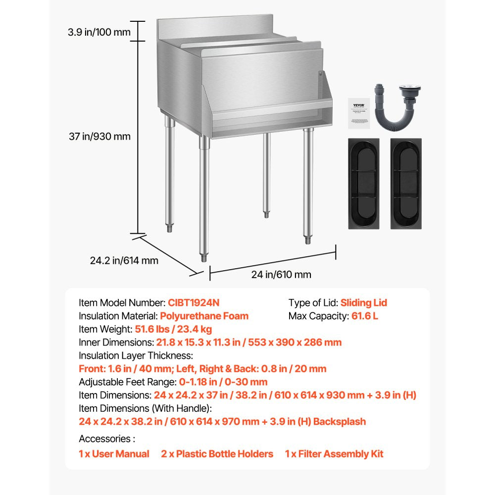 CIBT1924N - 61.6L Stainless Steel Ice Bin with Sliding Lid & Bottle Holders