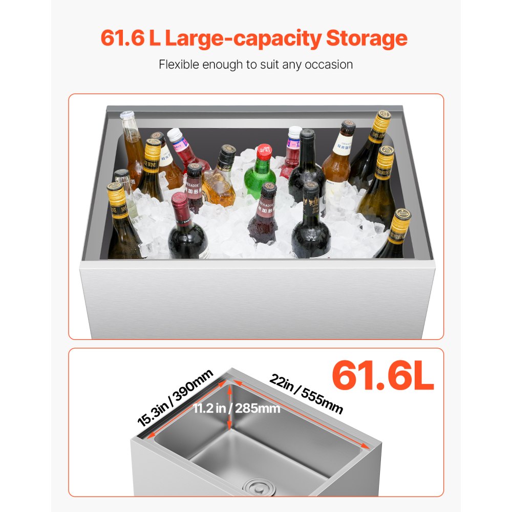 CIBT1924C - 61.6L Stainless Steel Ice Bin on Wheels with Storage Tray