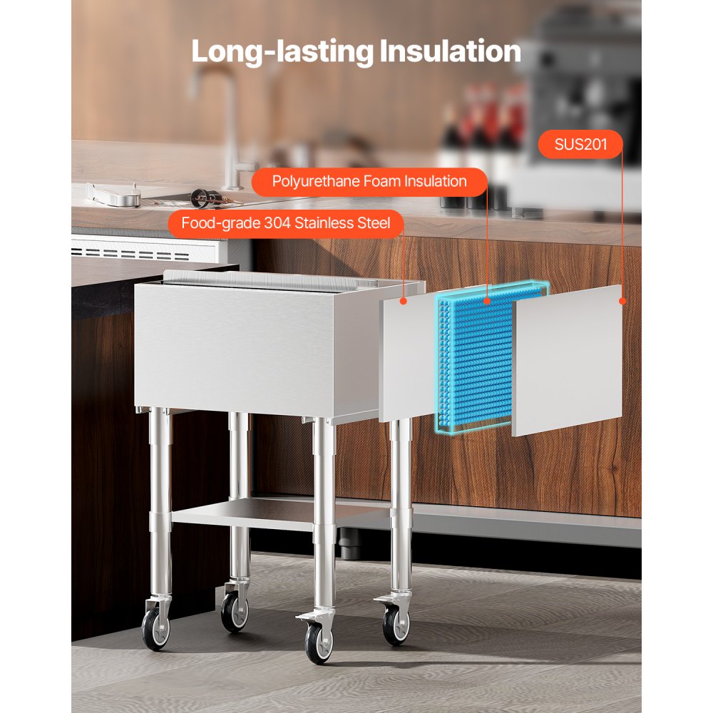 CIBT1924C - 61.6L Stainless Steel Ice Bin on Wheels with Storage Tray