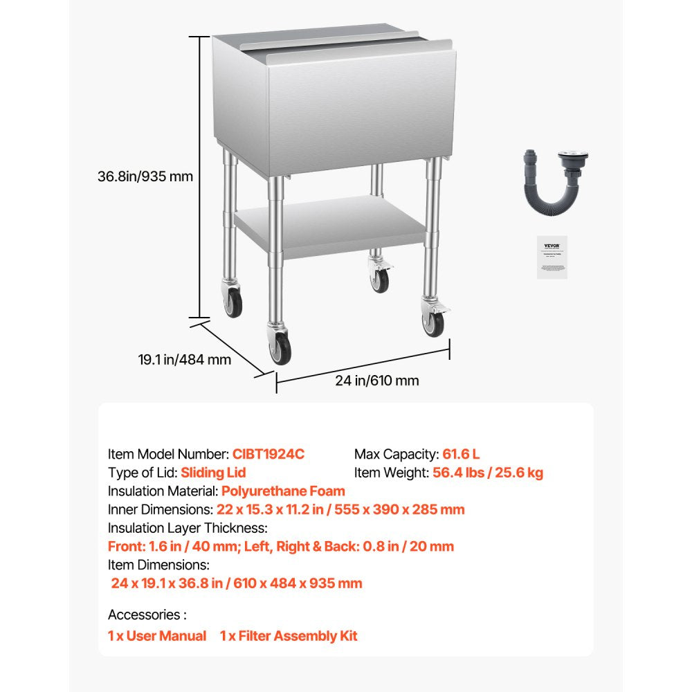 CIBT1924C - 61.6L Stainless Steel Ice Bin on Wheels with Storage Tray