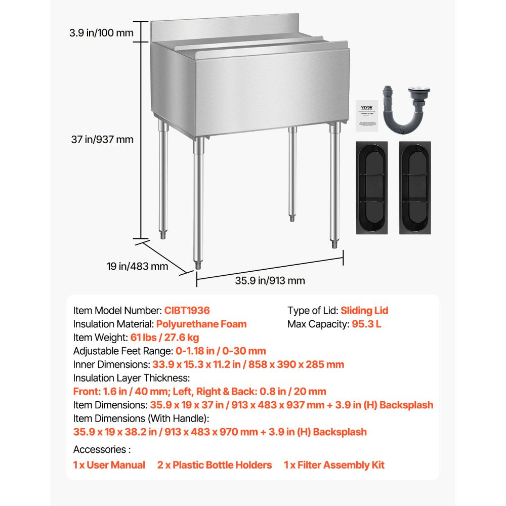 CIBT1936 - 95.3L Stainless Steel Ice Bin with Lid and Bottle Holders