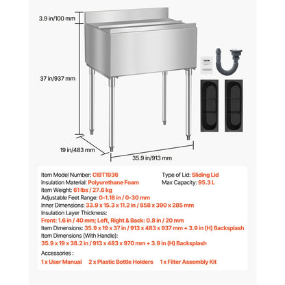 CIBT1936 - 95.3L Stainless Steel Ice Bin with Lid and Bottle Holders