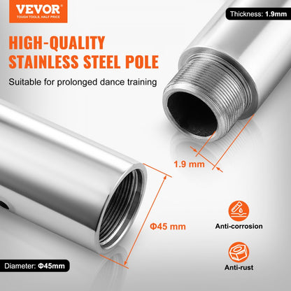 HM-P602 - 45mm Stainless Steel Dancing Pole, 88-118in Height, 200kg Capacity