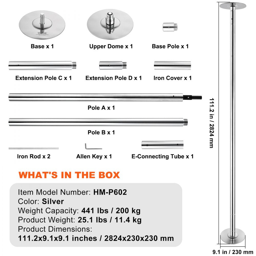 HM-P602 - 45mm Stainless Steel Dancing Pole, 88-118in Height, 200kg Capacity