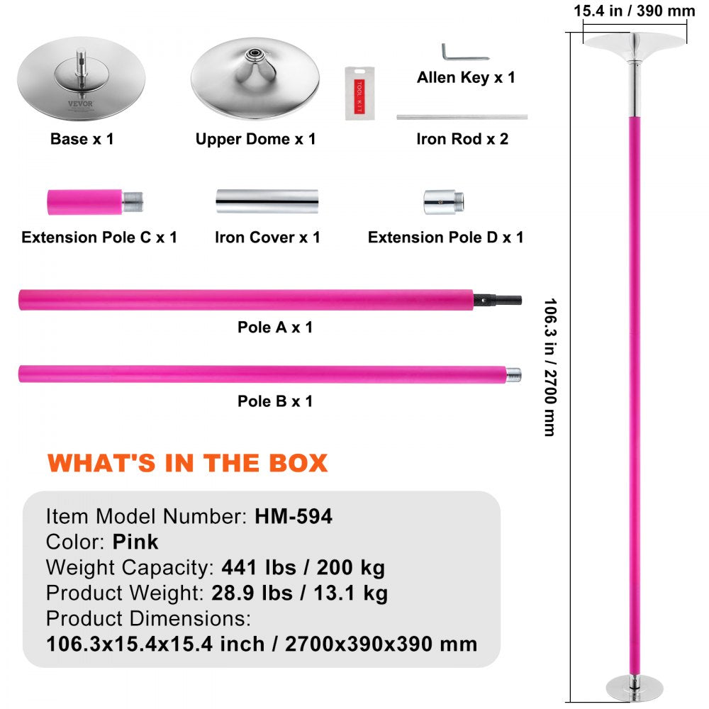 HM-594 - Adjustable 40mm Pink Dance Pole for Fitness & Flexibility