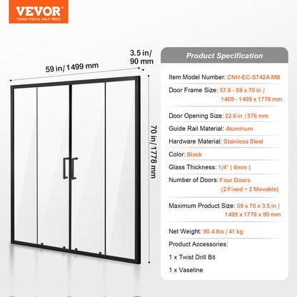 CNH-EC-S742A MB - 57.8-59 in Semi-Frameless Shower Door with Easy-Clean Glass