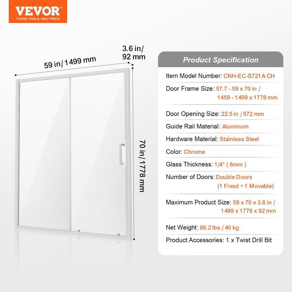 CNH-EC-S721A CH - 57.7-59" Semi-Frameless Sliding Shower Door with Tempered Glass