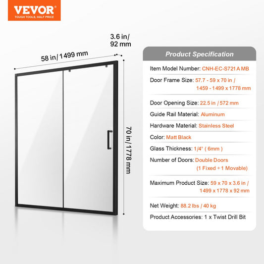CNH-EC-S721A MB - 57.7-59" Semi-Frameless Shower Door with Tempered Glass