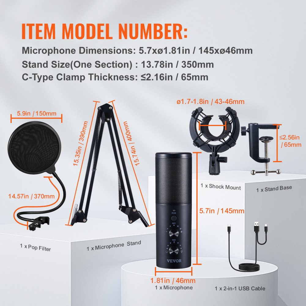 AK-V5 - VEVOR USB Microphone with RGB Lights & Noise Reduction