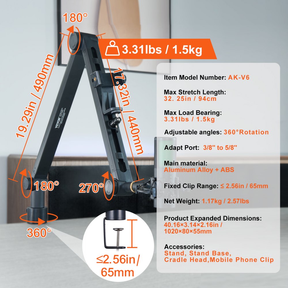 AK-V6 - 360° Adjustable VEVOR Microphone Boom Arm for Easy Positioning
