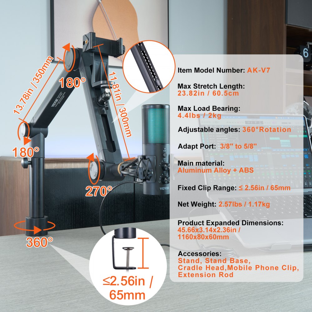 AK-V7 - Adjustable Microphone Boom Arm with 360° Rotation and Desk Mount