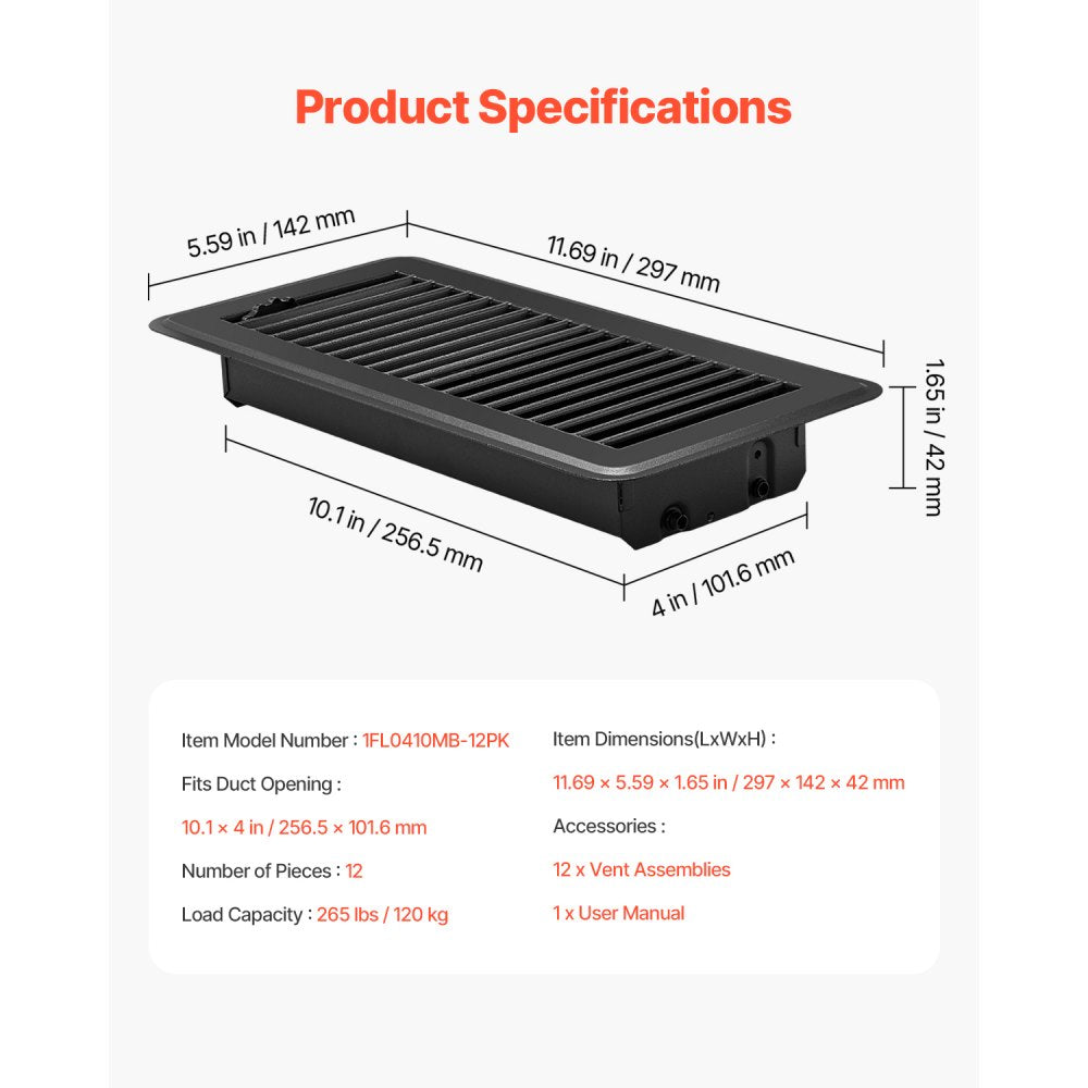 1FL0410MB-12PK - 4"x10" Black Iron Floor Vents 12-Pack for Home & Office