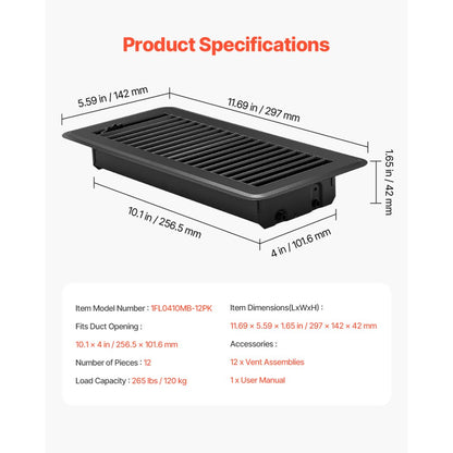 1FL0410MB-12PK - 4"x10" Black Iron Floor Vents 12-Pack for Home & Office