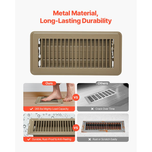1FL0410BR-6PK - Stylish 4x10 Inch Brown Floor Vents for Easy Air Control