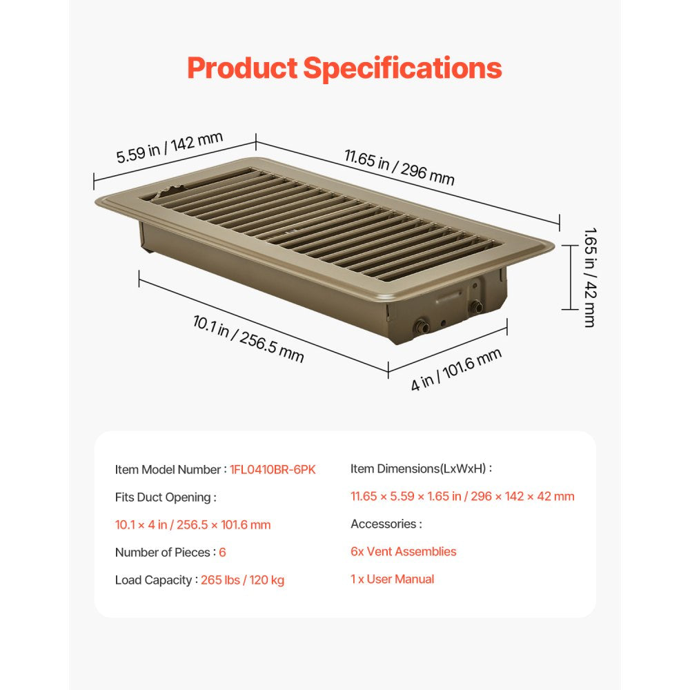 1FL0410BR-6PK - Stylish 4x10 Inch Brown Floor Vents for Easy Air Control