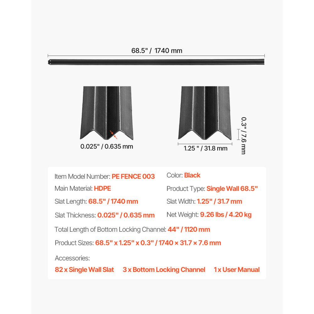 PE FENCE 003 - 68.5" Black HDPE Privacy Slats for 6' Fences