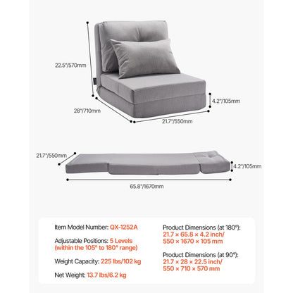 QX-1252A - Gray Multifunctional Flip Chair & Sofa Bed with 5 Positions