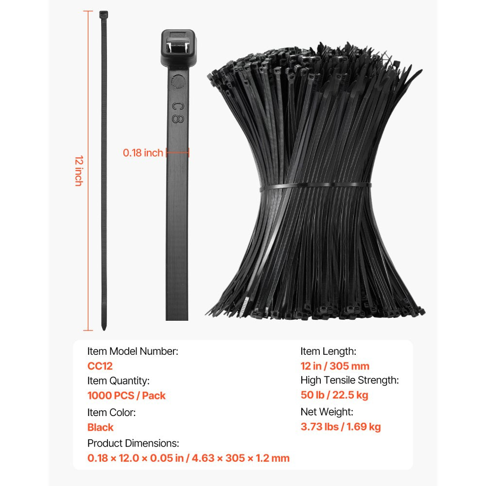 CC12 - 1000-Pack Durable 12-Inch Nylon Zip Ties, 50lbs Strength