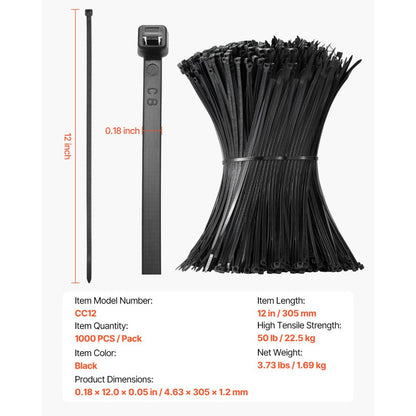 CC12 - 1000-Pack Durable 12-Inch Nylon Zip Ties, 50lbs Strength