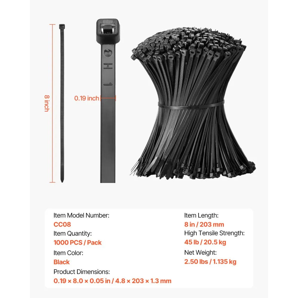 CC08 - 1000 Pack 8-Inch Nylon Zip Ties, 45lbs Strength