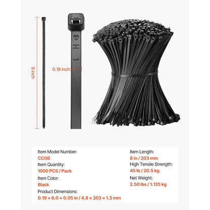 CC08 - 1000 Pack 8-Inch Nylon Zip Ties, 45lbs Strength