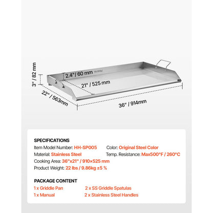 HH-SP005 - 36x22 in Durable Stainless Steel Griddle for Versatile Cooking