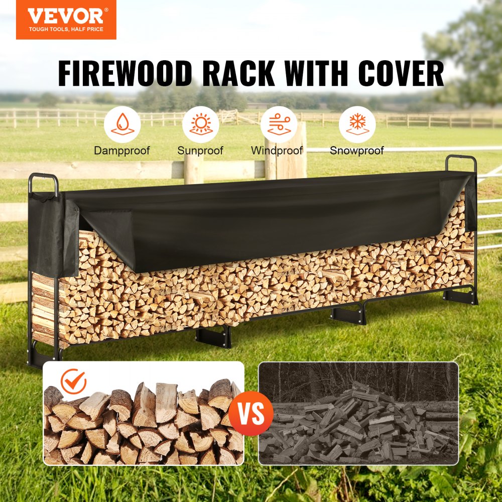 010688983821 - Heavy-Duty 12.7FT Steel Firewood Rack with Waterproof Cover