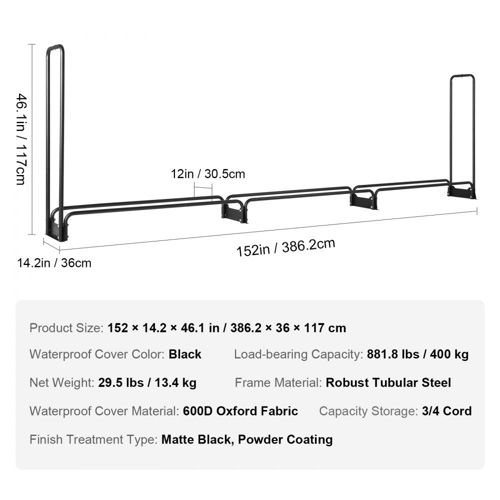 010688983821 - Heavy-Duty 12.7FT Steel Firewood Rack with Waterproof Cover