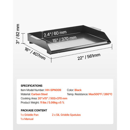 HH-SPN009 - Durable 22x16 in Carbon Steel Griddle for All Meals