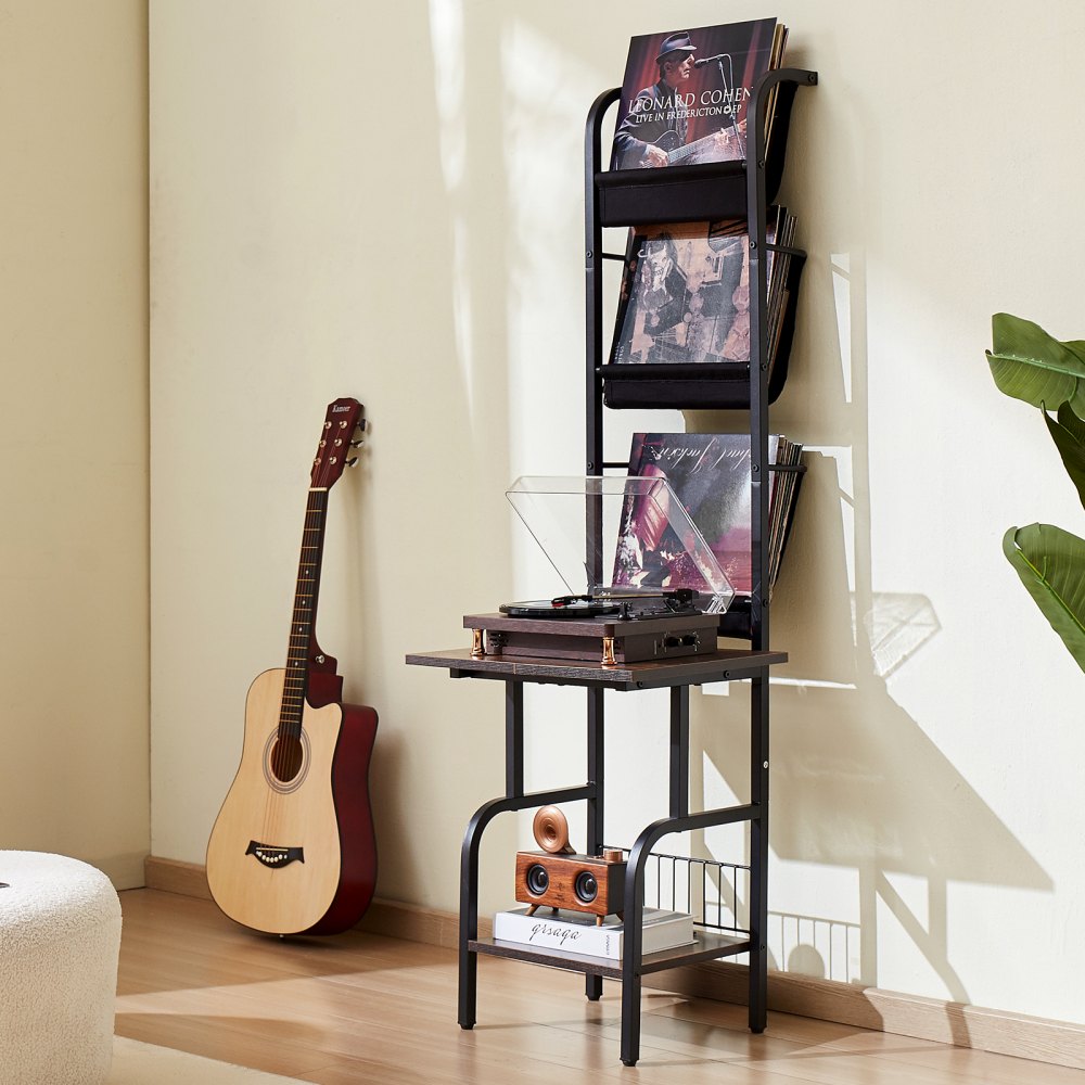 C240354G-01 - 5-Tier Vintage Brown Vinyl Shelf with Power Strip & LED Light