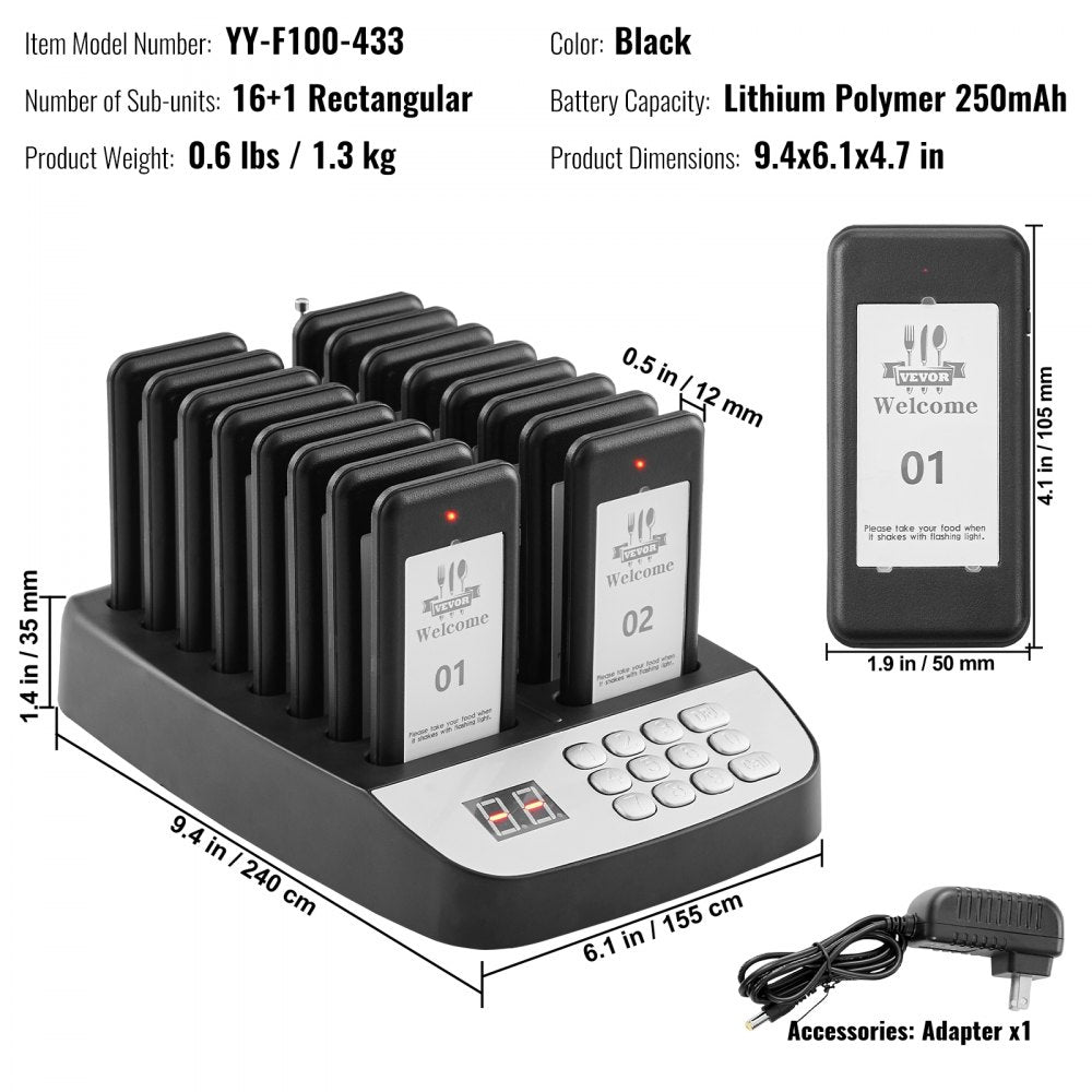 YY-F100-433 - Wireless 500m Restaurant Pager System with 16 Beepers