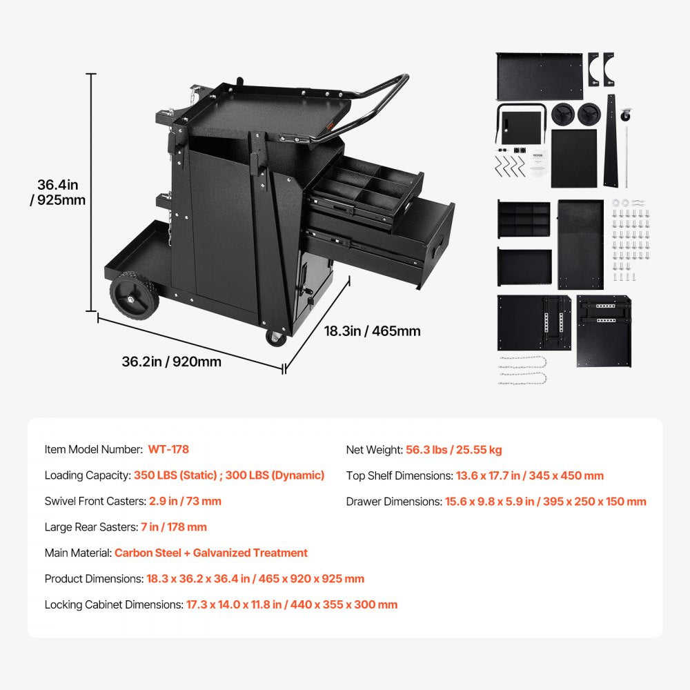 WT-178 - Heavy-Duty Welding Cart with 2 Drawers & Lockable Cabinet