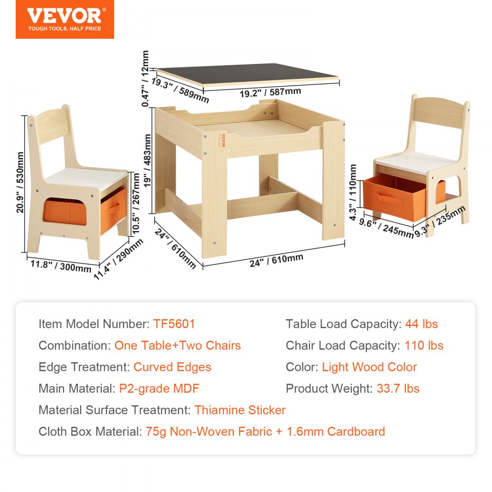 TF5601 - Durable 24"x24" Kids Table & Chair Set with Storage, 10.5" Seat Height