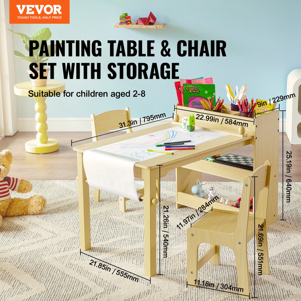 TF13066 - VEVOR Kids Art Table Set, 31.3" Light Wood with 2 Chairs