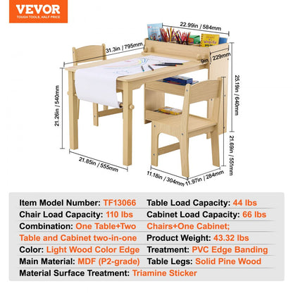 TF13066 - VEVOR Kids Art Table Set, 31.3" Light Wood with 2 Chairs