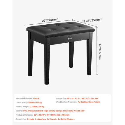 SUE-4 - 13.78" Wooden Piano Bench with Storage & Anti-Slip Design