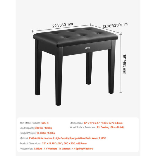 SUE-4 - 13.78" Wooden Piano Bench with Storage & Anti-Slip Design