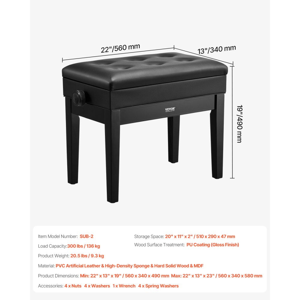 SUB-2 - Adjustable Wooden Piano Bench with Storage, 19.3"-22.8" Height