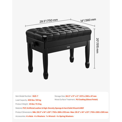 SUD-7 - Adjustable Duet Piano Bench, 26.5" Padded Seat, 400 lbs Capacity