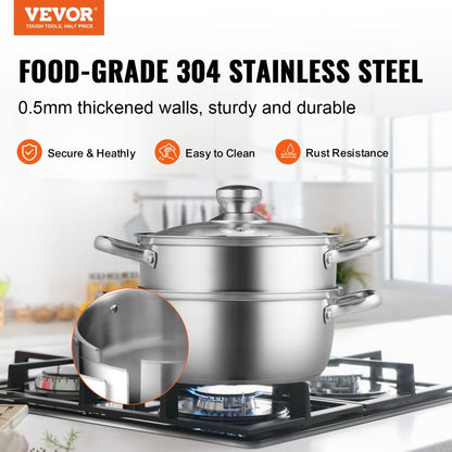 010969050736 - 5QT Stainless Steel Steamer Pot with Tempered Glass Lid