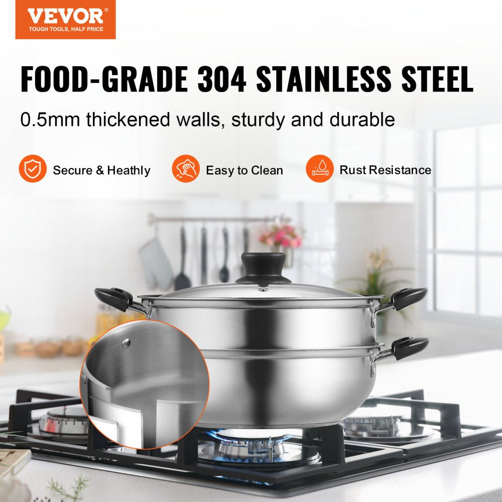 010975339452 - 11in VEVOR Stainless Steel Steamer Pot with Tempered Glass Lid