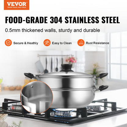 010975339452 - 11in VEVOR Stainless Steel Steamer Pot with Tempered Glass Lid